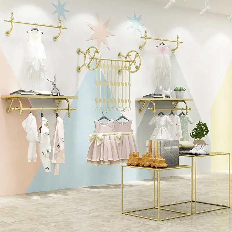 Rack De Exibição De Vestuário De Aço Inoxidável, Metal Dourado, Móveis De Loja De Bebê, Loja De Roupas Personalizadas