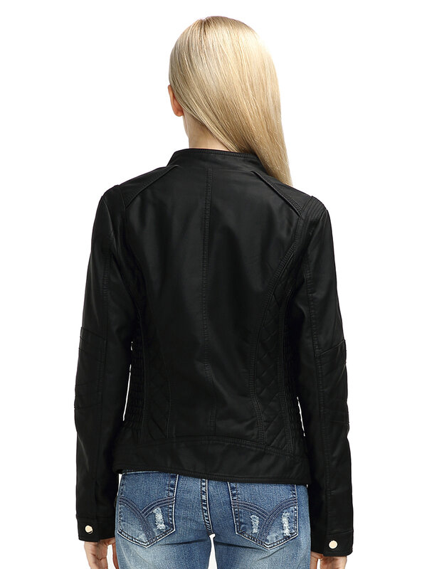 Giolshon Winter Women Faux Leather Jacket Casual Short Slim Moto Biker Streetwear Coat For Spring Fall Long Sleeve PU Jacket