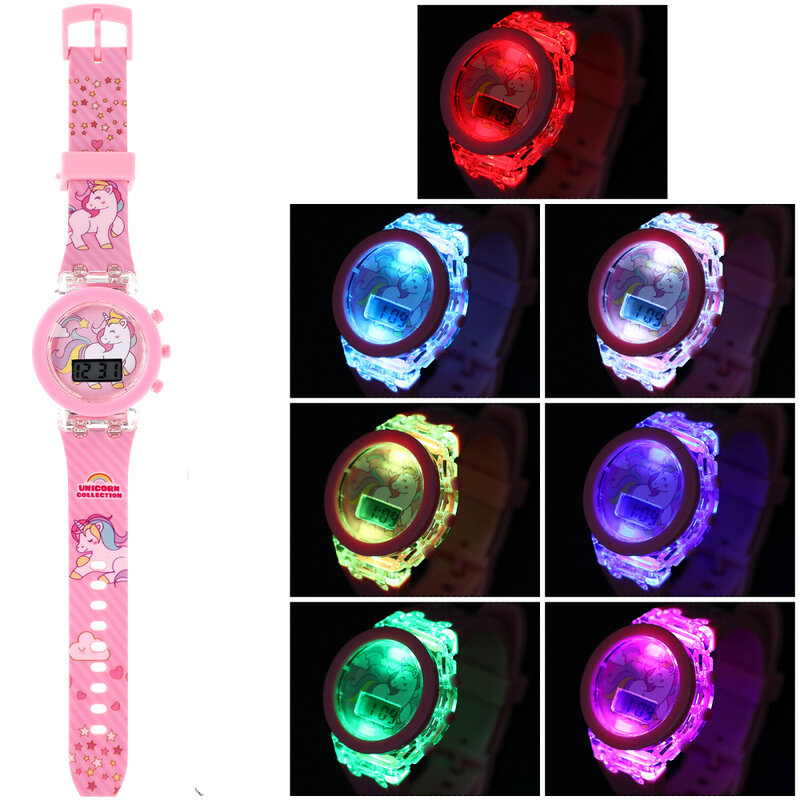 Disney Unicorn Jam Tangan Anak-anak Koleksi Digital Elektronik Flash Menyala Cahaya Warna-warni Anak Perempuan LED Jam Hadiah Ulang Tahun
