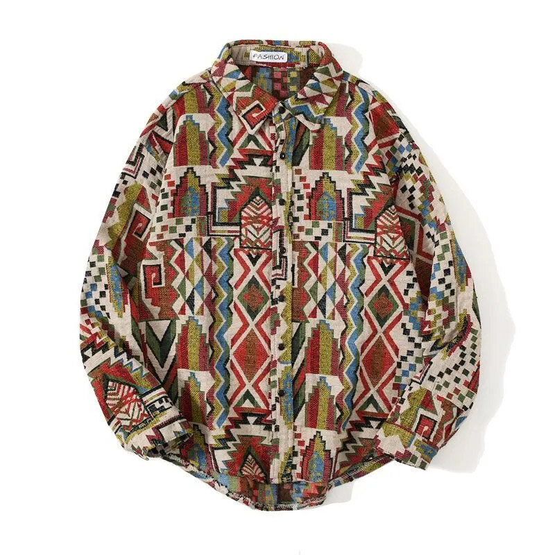 Camicia a maniche lunghe scozzese stampata in stile etnico cubano per uomo d'affari autunno e inverno con giacca moda cucita allentata