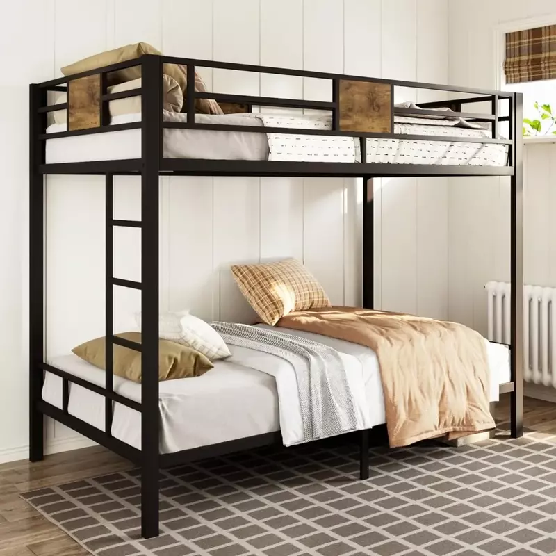 Twin Over Twin łóżko piętrowe z rustykalnymi drewnianymi akcentami, solidna metalowa rama, oszczędność miejsca, wolne od hałasu, czarne łóżka