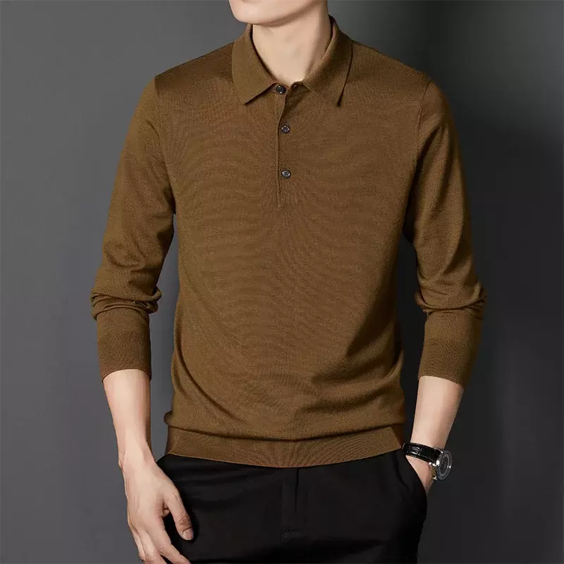 Camisa polo leve masculina de malha, suéter de lã pura, camiseta lapela, camisa primavera e outono