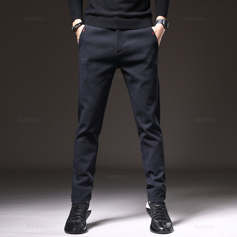 Pantaloni Casual in tessuto spazzolato da uomo caldo in pile invernale moda Business Slim Fit Stretch pantaloni in cotone di velluto spesso maschile 28-38