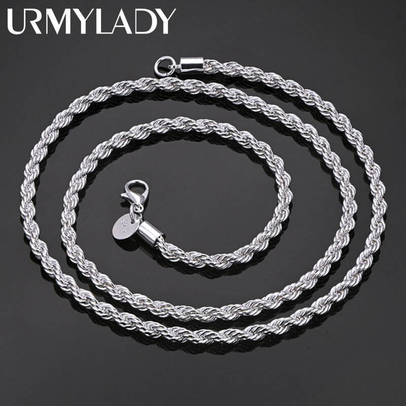 Colgante de plata de ley 925 para hombre y mujer, collar de cadena de cuerda de 4MM, joyería de alta calidad, 16-24 pulgadas