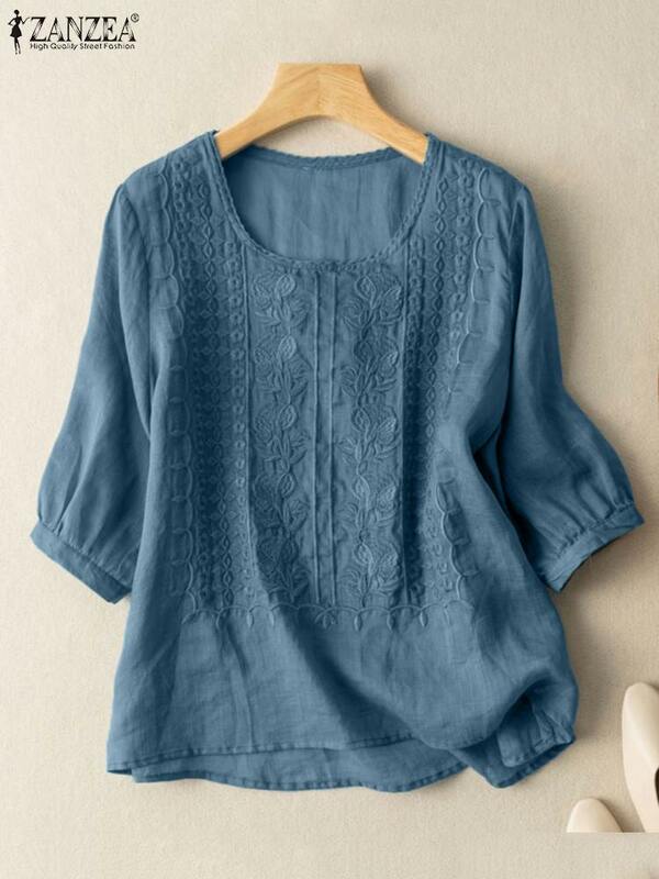 Винтажные рубашки ZANZEA, летняя кружевная блузка для женщин 3/4, топы с круглым вырезом и рукавами, блузы с вышивкой, женские повседневные хлопковые рубашки Chemsie