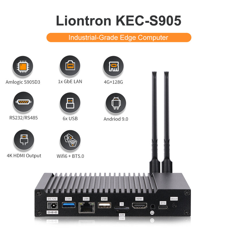 Liontron Industrial Fanless Mini PC, Android AI, Núcleo Amlogic 4, 1.2Tops, NPU COM, RS232, RS485, Built-in PCIe, Suporte 2.4G e 5G WiFi