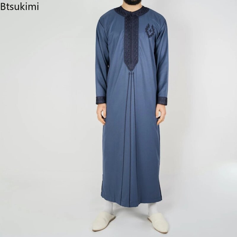 Мусульманская мода мужская одежда 2024 этнический стиль вышивка абайя кафтан Саудовская Арабская винтажная Повседневная Свободная длинная одежда для мужчин Jubba Thobe