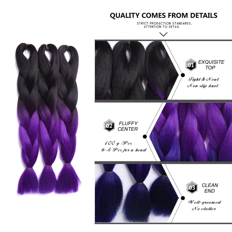 Trenzas de pelo trenzado Jumbo sintético para mujer, extensiones de fibra de alta temperatura, colores ombré puros