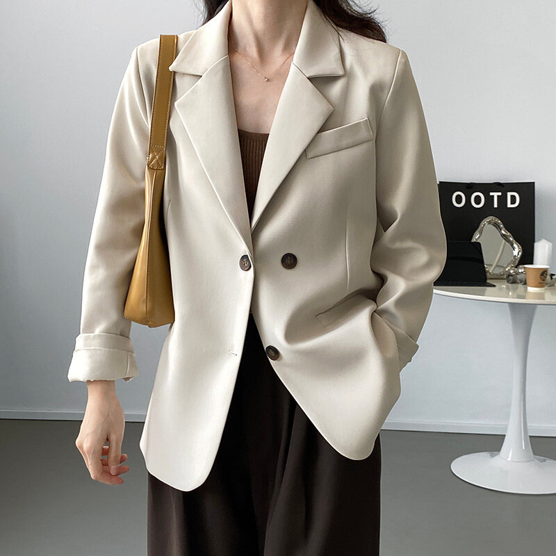 Suninbox coréia moda voltar dividir duplo breasted blazers jaqueta senhora do escritório bege cáqui preto solto blazer novo em outerwears