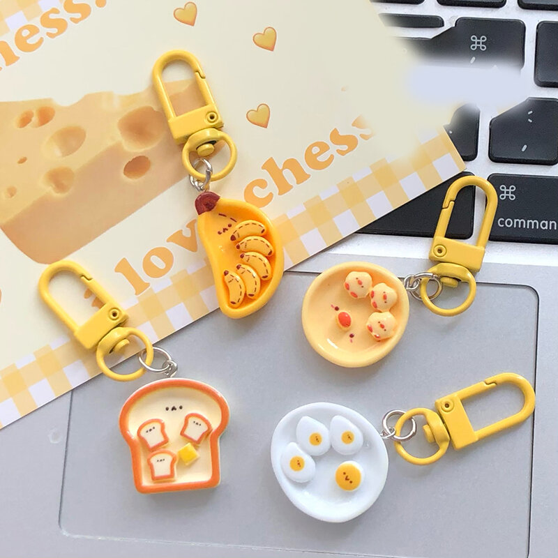 Porte-clés en forme d'œuf poché de dessin animé mignon, porte-clés créatif de nourriture de petit déjeuner, pendentif de sacs de décoration de sac à dos, gels de toast