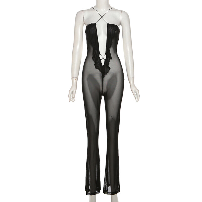 Sexy Spaghetti Strap Mesh See Through Ruffle tute donna Cut Out Backless One Piece pagliaccetti 2023 primavera autunno compleanno Outfit