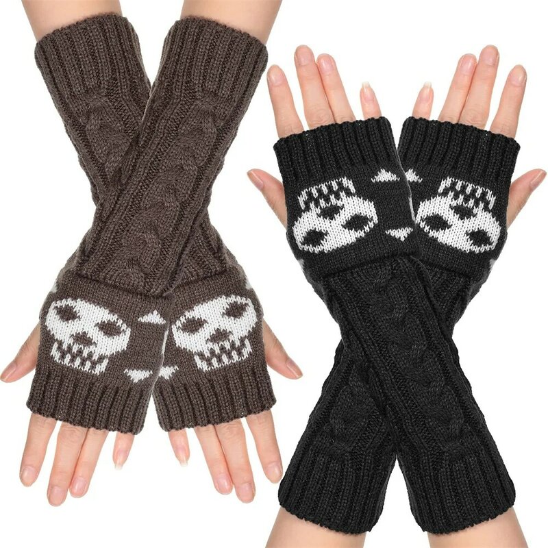 Зимние перчатки, женские готические вязаные перчатки с черепом, мужские Стрейчевые темные перчатки-ниндзя, классные до локтя, хипстерские черные