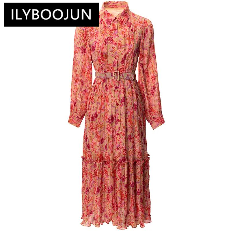 ILYBOOJUN-Robe lanterne à col rabattu pour femme, à manches longues, imprimée, simple boutonnage, tenue de bureau plissée