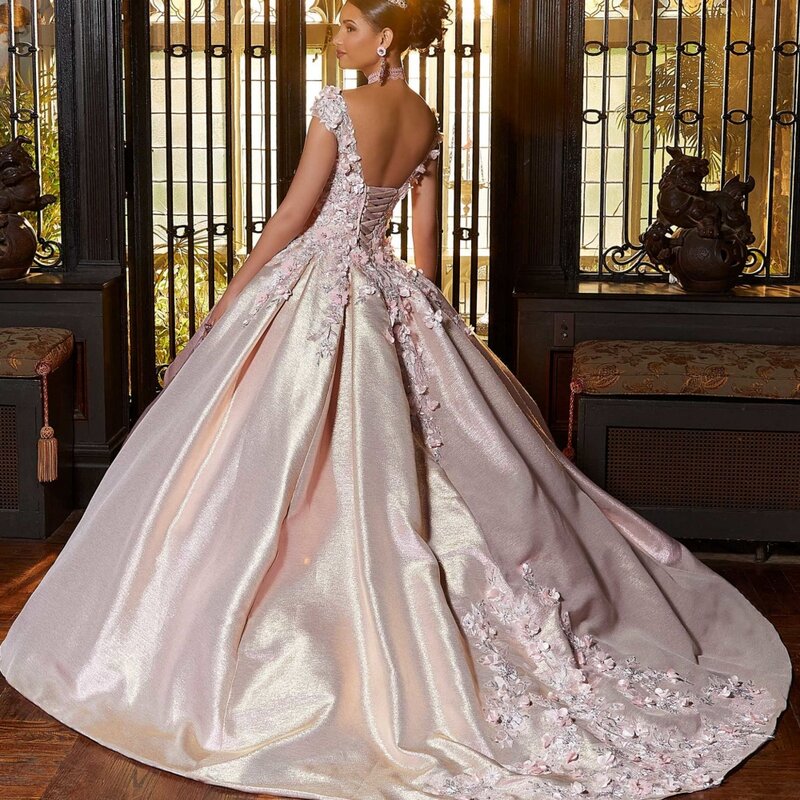 Gaun bunga 3D yang indah gaun pesta payet berkilau gaun pesta klasik panjang manis 16 tahun gaun putri vestidos de anos