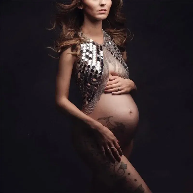 Accesorios de fotografía de maternidad Sexy, vestidos de maternidad para sesión de fotos, cadena de cuerpo de lentejuelas de Metal, corona de cristal de diosa del vientre