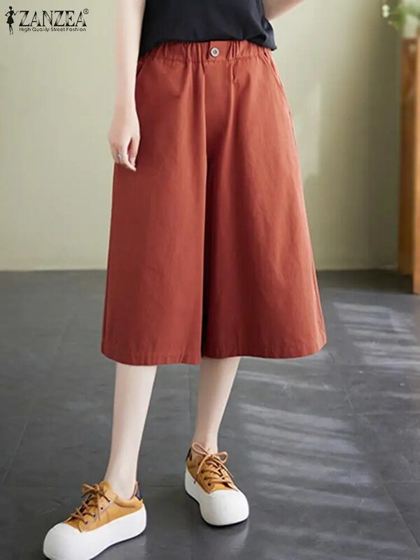 ZANZEA-pantalones de pierna ancha con bolsillos para mujer, Capris de cintura elástica, Estilo Vintage, holgados, verano, 2024
