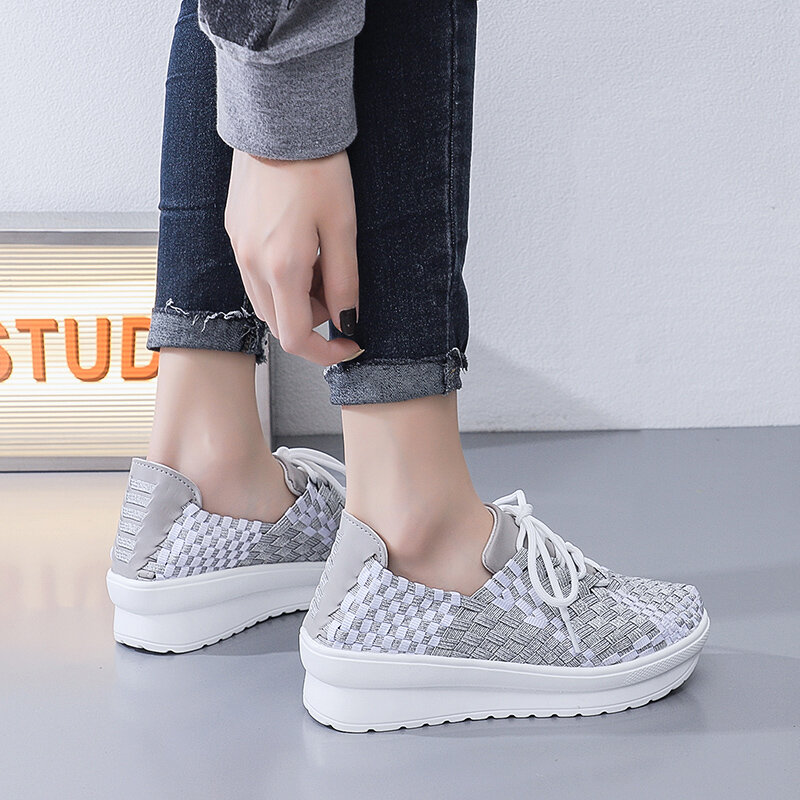 STRONGSHEN Women Platform Handmade Woven Shoes Women Slip on Casual Breathable Shoes Wedge Lace UP Shoes Women Footwear Shoes