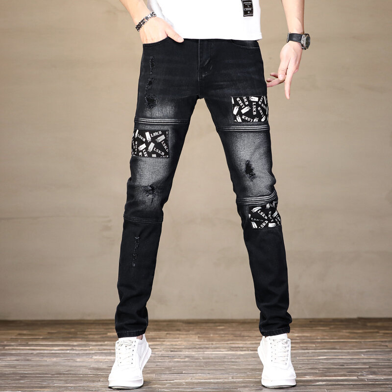 Jeans preto de costura high-end masculino, rua alta americana, remendo impresso rasgado, calças de lápis stretch finas, calças
