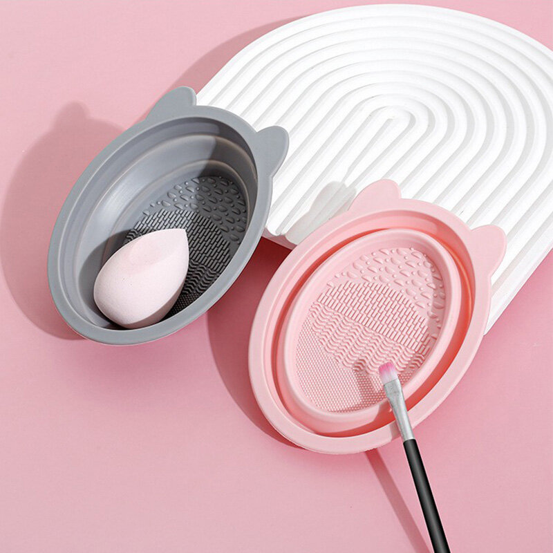 Makeup Brush Cleaning Tool Foldable Silicone Bowl Beauty Egg Cleaner Sponge Puff Washing Portable Scrub Mat Cat Ear Cosmetics
