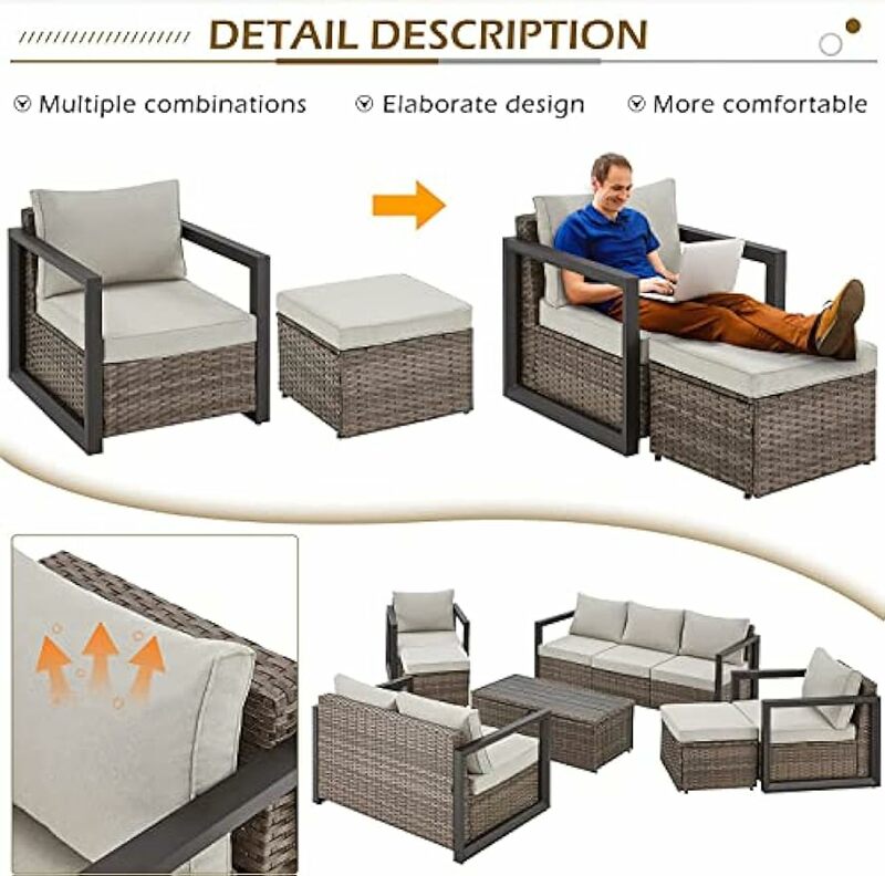 Aluminum Outdoor Patio Furniture Set, Modern Patio Conversation Sets with Storage Coffee Table, Removable Cushions & 2 Ottomans