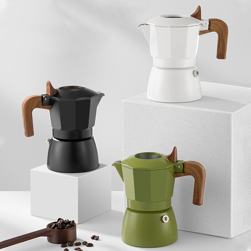 Cafetera Moka de doble válvula para el hogar, utensilios de preparación de café al aire libre, mango de grano de madera, cafetera de aluminio, Espresso, 180ml