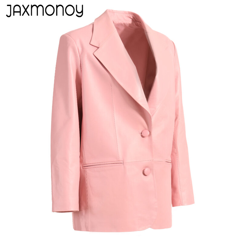 Jaxmonoy ผู้หญิงเสื้อแจ็คเก็ตหนังแท้2023ฤดูใบไม้ผลิใหม่สไตล์ Sheepskin เสื้อคลุมสูทเดี่ยวของผู้หญิง Breasted ของแท้หญิงฤดูใบไม้ร่วง