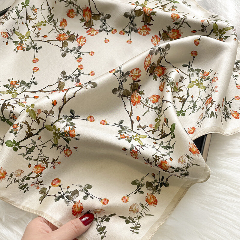 Nova flor impressão 100% amoreira seda lenço feminino decorativo 53x53cm toalha quadrada primavera e outono senhoras pescoço scarfs