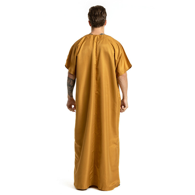 2022 Mode Muslim Abaya untuk Pria Bordir Leher Bulat Lengan Pendek Panjang Penuh Mode Arab Jubah Pakaian Doa