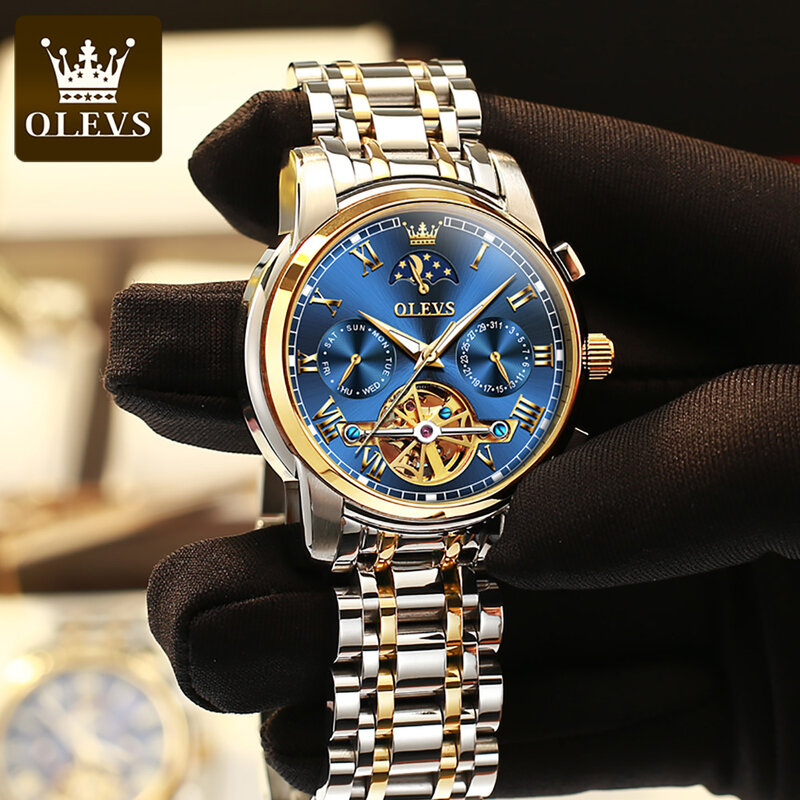OLEVS นาฬิกาผู้ชายระบบอัตโนมัติ, นาฬิกาข้อมือผู้ชายดั้งเดิมสุดหรูนาฬิกากลไกจันทร์