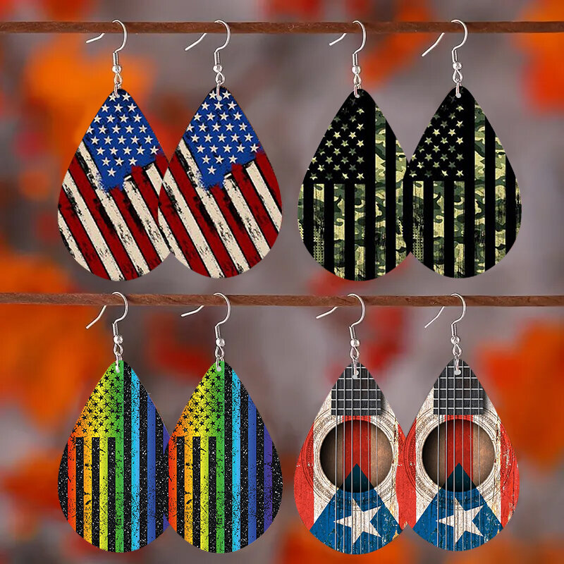 American National Flag Wooden Drop Earrings Celebrate Independence Day Colorful Summer Vacation Earrings,Camouflage Guitar Print