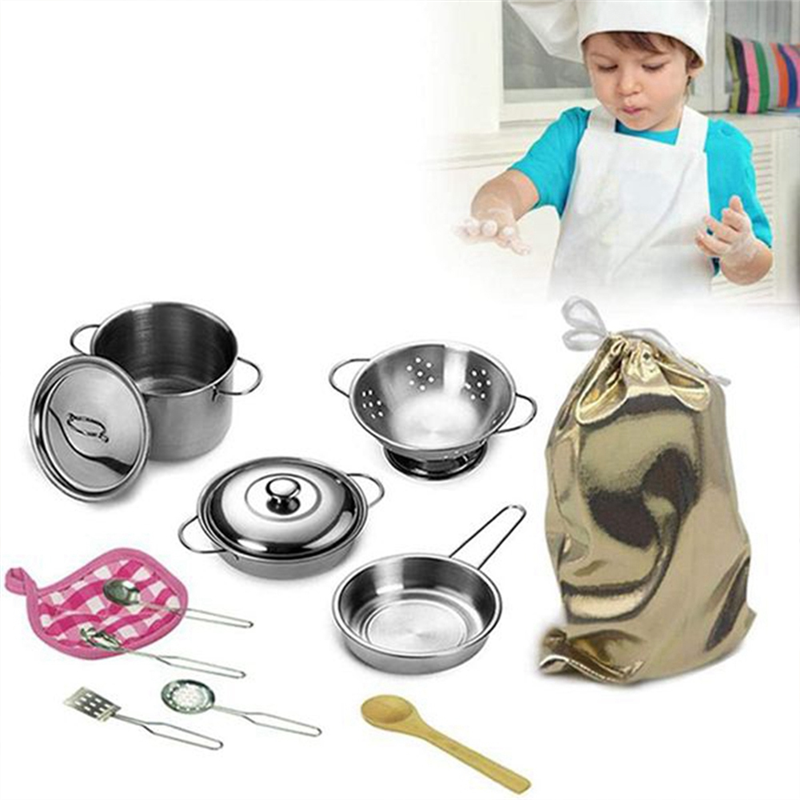 12 Pieces Pots and Pans Toys Simulation Stainless Steel Toys Play Pots and Pans Toy Set Kitchen Play Set for Children
