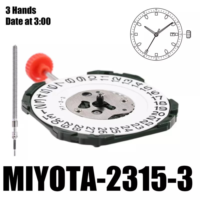 Ukuran gerakan Miyota 2315 2315, tinggi 11 1/2 4.15mm akurasi ± 20 detik per bulan 3 Tangan tanggal pada 3:00