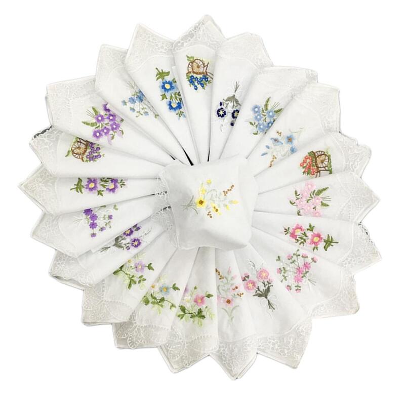 Laço bordado com flores bonitas, Borboletas Fronteira, Lenços brancos para senhoras, Pacote 12