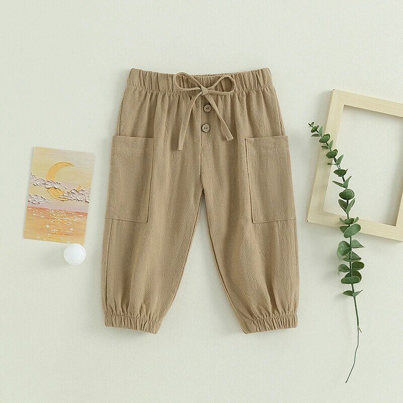 Cotton Linen Casual Baby Pants Toddler Boys Girls Casual Bottom Summer Autumn Solid Drawstring Button Children Pockets Trousers