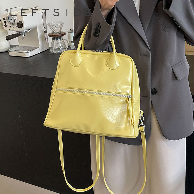 Ransel kulit Pu kecil wanita desain kuning Y2K Musim Panas 2024 ransel warna polos Mode Korea ransel perjalanan wanita