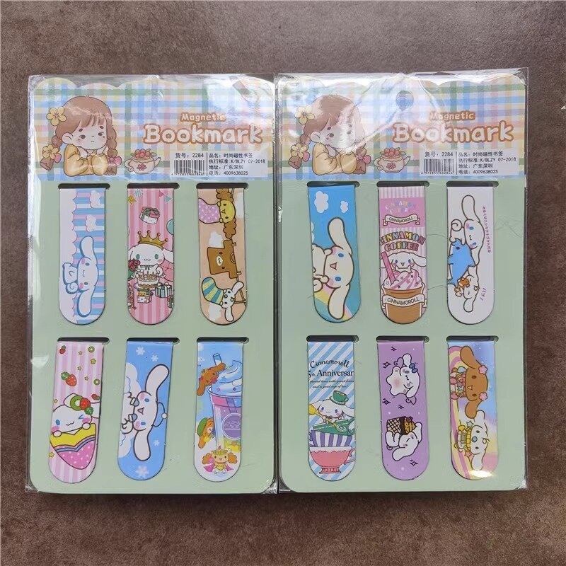 6 pak kartun Sanrio Cinnamoroll penanda buku magnetik Anime My Melody Kuromi dua sisi Siswa lipat hadiah alat tulis logam