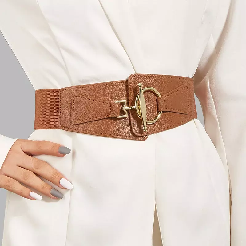 Cinturón de cintura ancha de cuero PU para mujer, cinturones grandes de lujo de alta calidad, cinturón de vestido elástico Retro, faja de talla grande