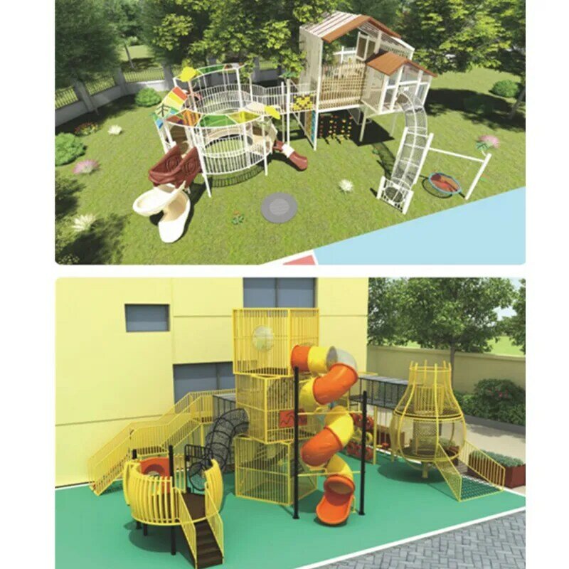 유치원 야외 대형 나무 슬라이드 콤비네이션 등반 프레임, 어린이 야외 트리 하우스, 커뮤니티 놀이 장비