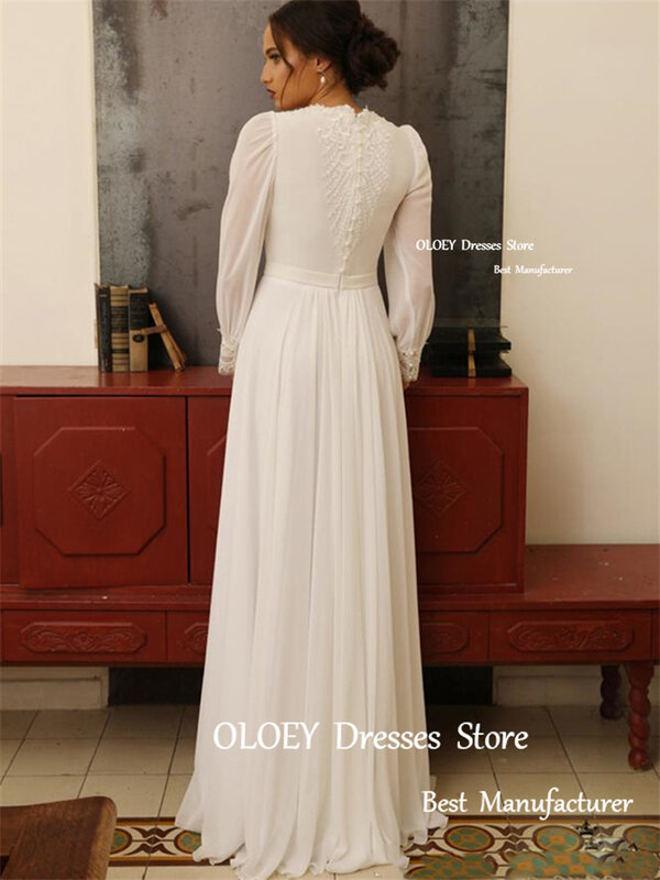OLOEY Vintage Modest Ivory Chiffon A Line Wedding Dresses Boho O-Neck Lace Long Sleeves Classic Country Bridal Gowns Plus Size