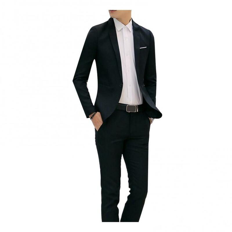 Traje de negocios de 2 piezas para hombre, chaqueta informal de manga larga con solapa de Color sólido, Blazer ajustado, pantalones, elegante, para primavera y otoño
