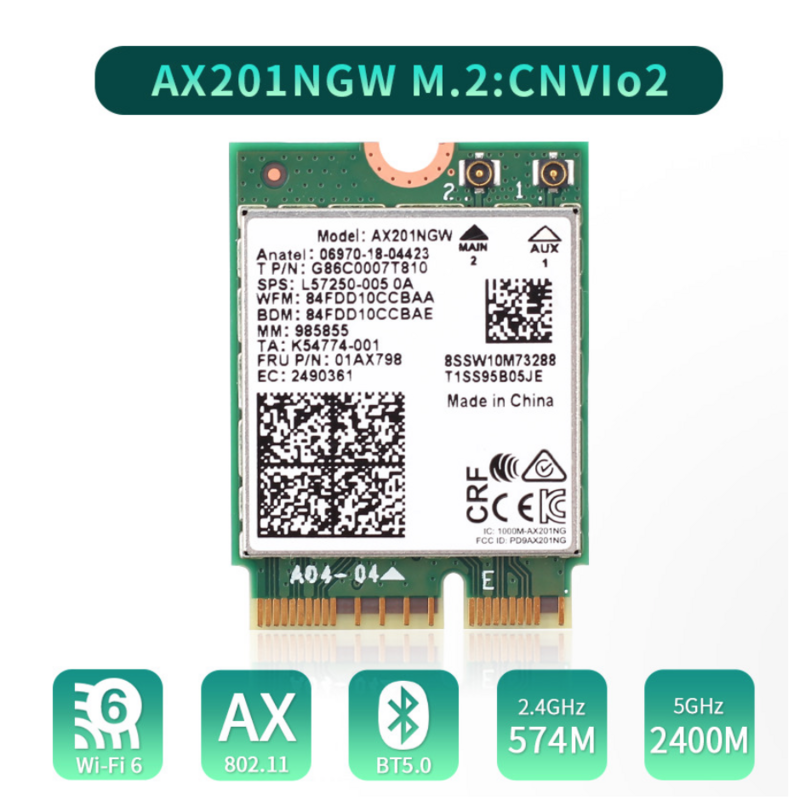 인텔 와이파이 6 AX201 블루투스 5.0 듀얼 밴드 2.4G/5G 무선 NGFF 버튼 E CNVi 와이파이 카드, AX201NGW 2.4Ghz / 5Ghz 802.11ac / ax