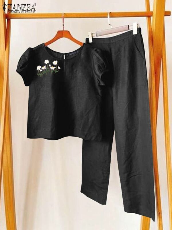ZANZEA letnie luźne garnitury damskie eleganckie spodnie z krótkim rękawem haftowane topy spodnie elastyczne w talii 2 sztuki stroje