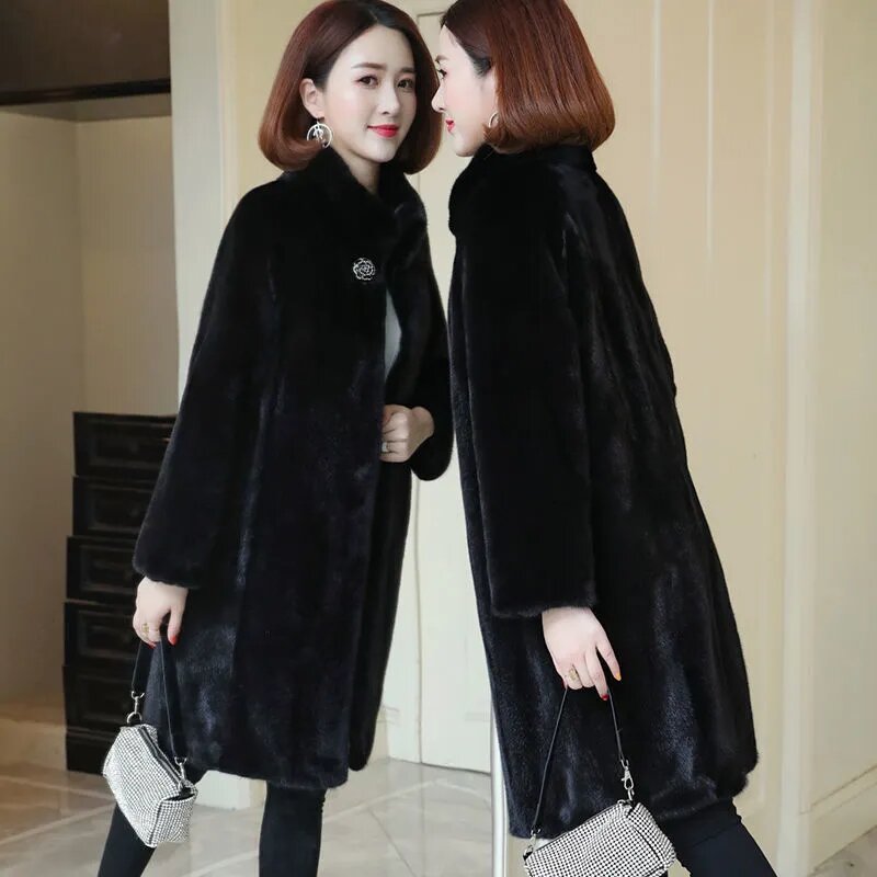 2023 New Women's Faux Mink Velvet Coat Overcoat Mid Length Autumn Winter Mink Fleece Faux Fur Standing Collar Coat 5XL