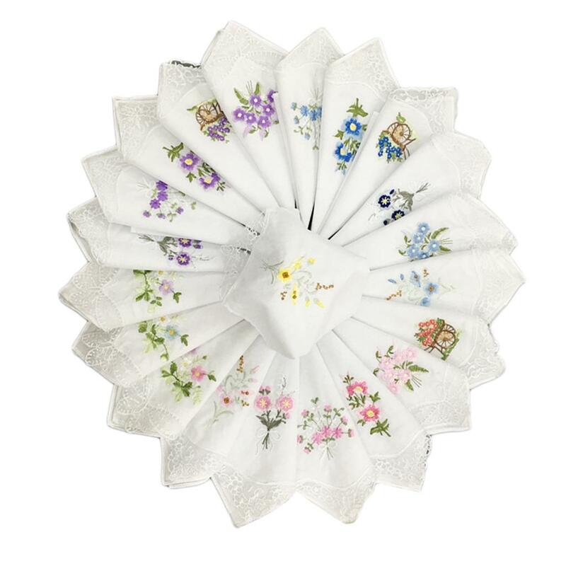 여성용 자수 레이스 행키 나비 꽃 행커치프, 12X