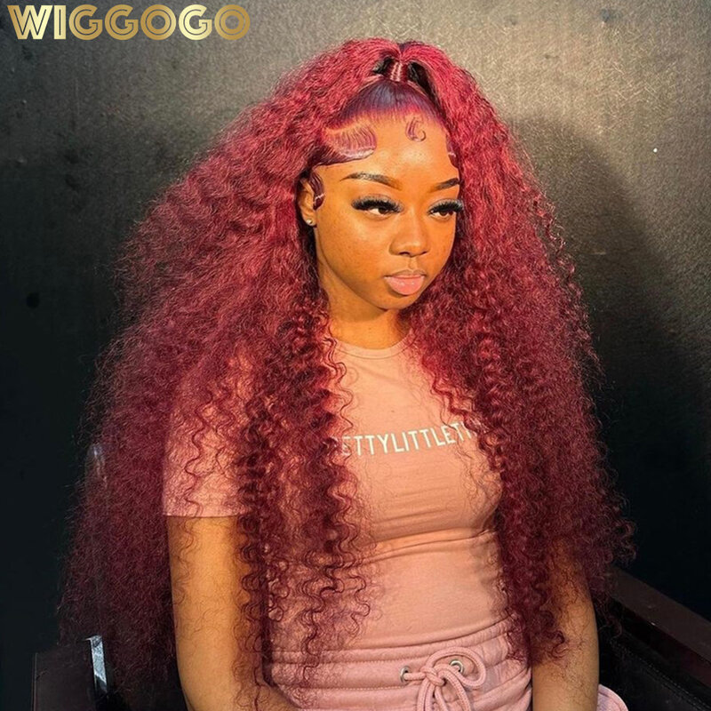 Wiggogo-Peluca de cabello humano rizado con malla Frontal, 99J color borgoña, 13x4, 13x6