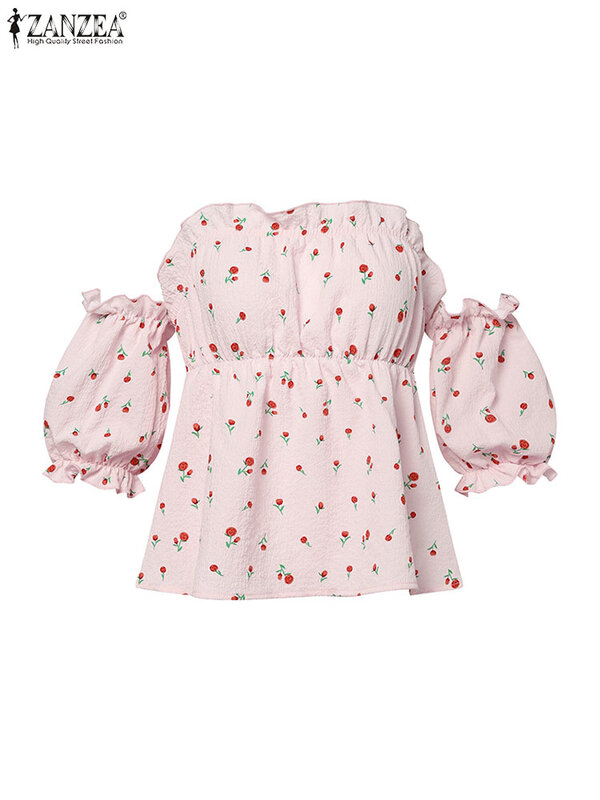 Сексуальная милая блузка ZANZEA с открытыми плечами, Женский мини-топ с цветочным принтом, плиссированная уличная одежда с коротким рукавом, элегантная женская блузка
