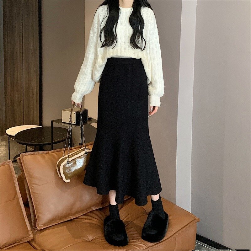 Dopasowany Fishtail z wysokim stanem dla kobiet koreański styl 2023 nowa wyszczuplająca spódnica o średniej długości w stylu towarzyskim z temperamentem A- line