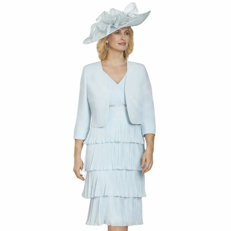 Gaun klasik biru pucat untuk ibu dengan jaket panjang selutut gaun pengantin ibu dua potong setelan ibu untuk rok Tiered pesta