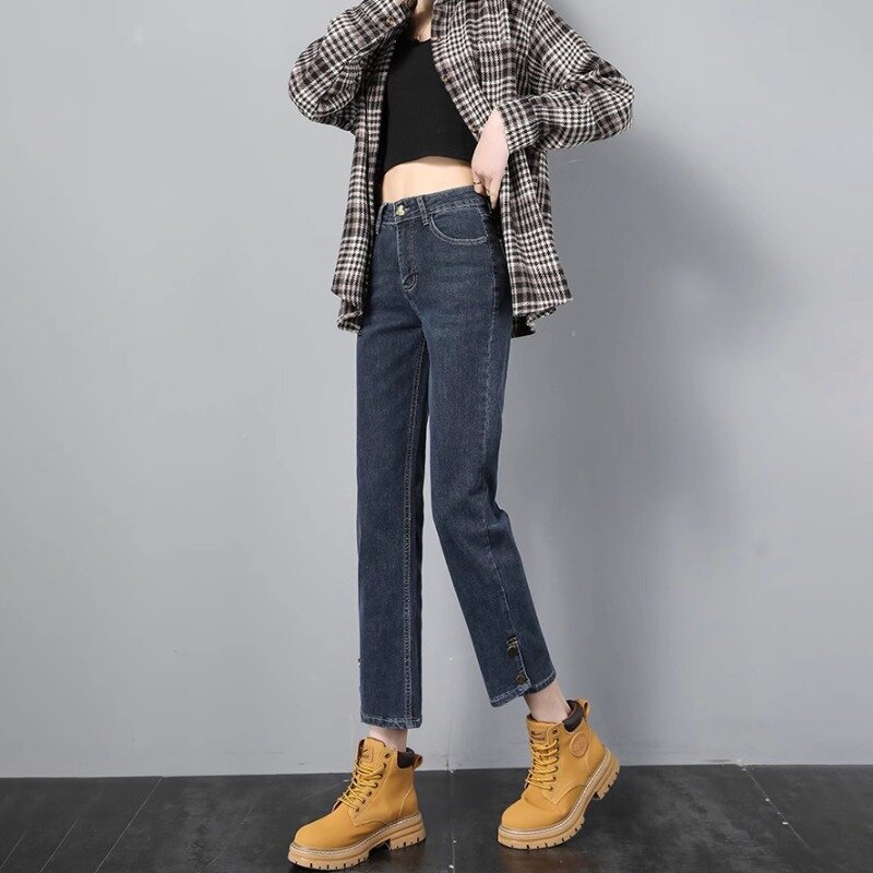 Frauen Jeans Slim Button Denim Hipster Frühling All-Match hohe Taille Vintage knöchel lange Taschen koreanischen Stil Schlitz Mode neue Passform