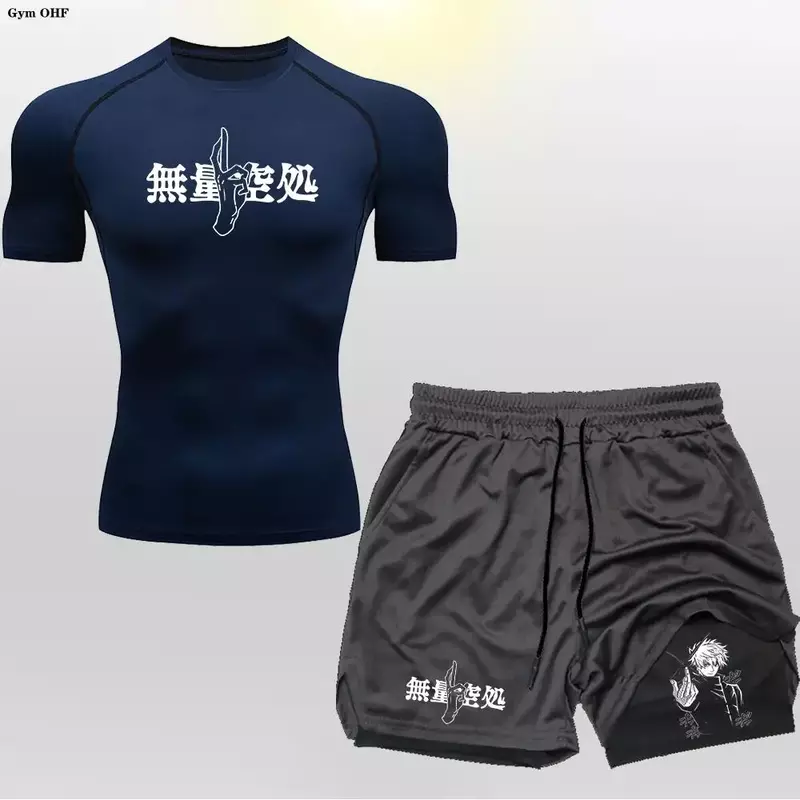 Conjunto de agasalho Anime de compressão masculino, camisas de mangas curtas, terno de treino esportivo, calções de ginástica, camiseta de treinamento fitness 2 em 1